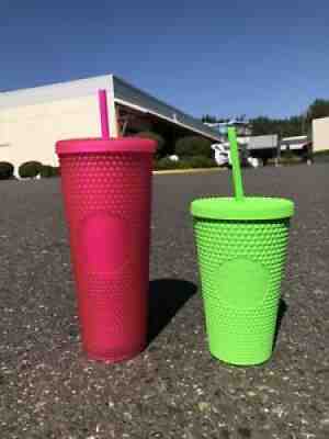 Starbucks Neon Pink Tumbler 24oz & Neon Green Soft Touch 16oz Studded Cold Cup! - Sold on eBay Aug 25, 2021 for $79.99