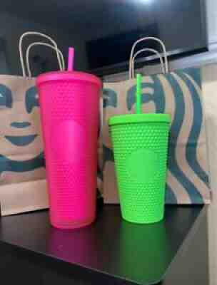 Starbucks Neon Pink Tumbler 24oz & Neon Green Soft Touch 16oz Studded Cups Set - Sold on eBay Aug 26, 2021 for $78.99