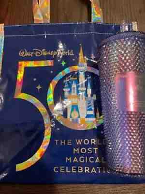 Disney Parks 2021 Starbucks Iridescent Studded Bling Drink Tumbler + 50th Bag - Sold on eBay Oct 03, 2021 for $105.00