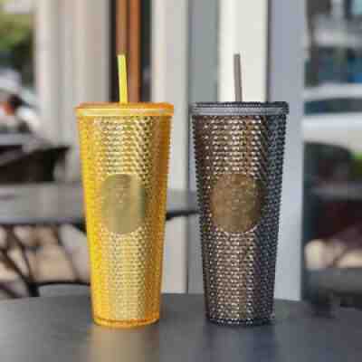 Starbucks Tumbler Glitter Black & Gold Bling Diamond Studded 24oz Straw Cups - Sold on eBay Nov 07, 2021 for $105.00