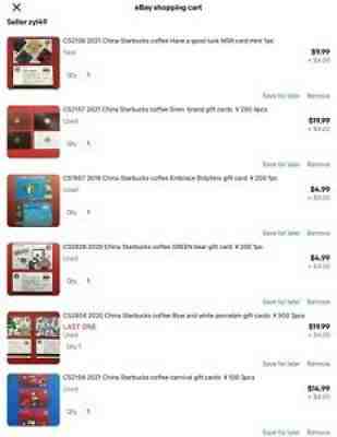 20 China Starbucks coffee gift cards for one buyer - Sold on eBay Nov 21, 2021 for $114.92