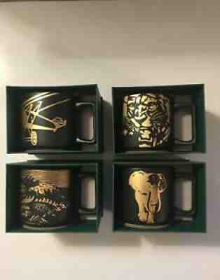 NIB**4 Starbucks Coffee Mugs*2016* Matte Black Gold Biplane Elephant Tiger Fish