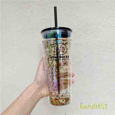 Starbucks China 591Ml Double Wall Glass Cup Straw Tumbler Gold Glitter Sequins - Sold on eBay Aug 28, 2021 for $82.00