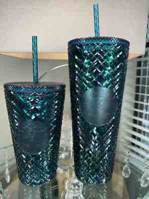 NEW Starbucks 2021 Emerald Green Jeweled Grid 24oz AND 16oz Tumbler Cup Glass - Sold on eBay Nov 16, 2021 for $80.00