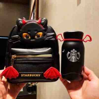 Starbucks China 2021 Halloween Black 11oz Stainless Tumbler & Kitty Bag Set - Sold on eBay Oct 16, 2021 for $79.99