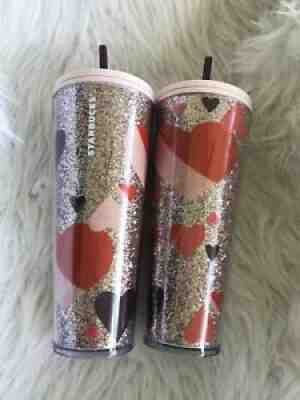(2) Starbucks 2021 Valentine Glitter Hearts Acrylic Cold Cup Tumbler Venti 24oz - Sold on eBay Nov 21, 2021 for $79.99