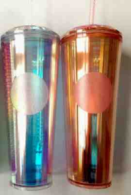 Starbucks Iridescent Rose Pink & Silver Tumbler Set Of 2 W/Dome Lids Straws NEW - Sold on eBay Oct 08, 2021 for $79.00