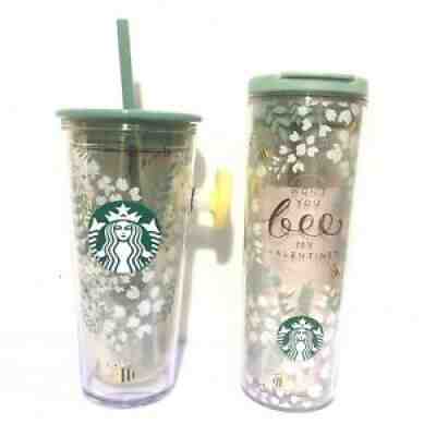 Set 2 Pcs,STARBUCKS Valentine Tumbler 16 oz Cold Cup Bee Mine Flowers - Sold on eBay Oct 13, 2021 for $77.59