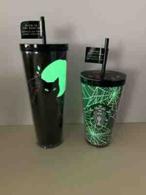 STARBUCKS SPIDER WEB & CAT GLOW IN THE DARK TUMBLER HALLOWEEN FALL 2021 Set Of 2 - Sold on eBay Oct 13, 2021 for $75.00