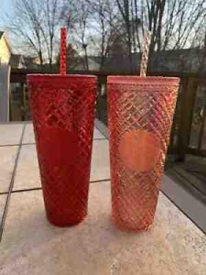 New Starbucks 2021 Rose Gold & Red Christmas Cold Tumblers 24oz SET OF 2 Cups - Sold on eBay Dec 06, 2021 for $79.99