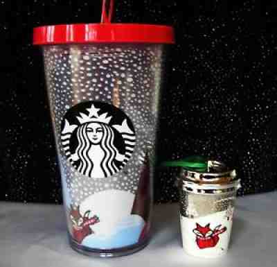 LOT 2 NEW Starbucks Snowy FOX Tumbler COLDCUP w/Striped STRAW + Red FOX ORNAMENT - Sold on eBay Nov 24, 2021 for $79.94