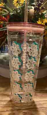 Starbucks Green White Flower Double Wall 20oz Glass Venti Tumbler Lid 2017 - Sold on eBay Nov 14, 2021 for $73.00