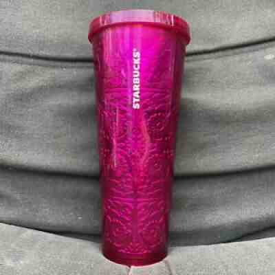 STARBUCKS Pink Magenta Embossed Tin Floral Foil Metallic Tumbler No Straw - Sold on eBay Oct 09, 2021 for $71.00