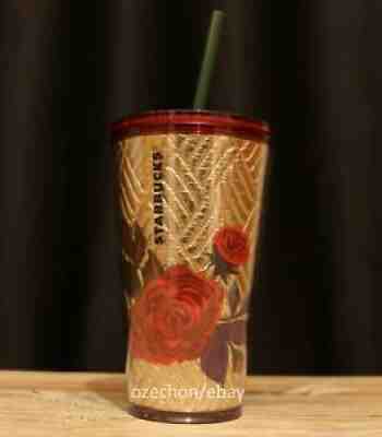 2X Starbucks Gold Quilted Floral Red Rose Tumbler 16oz - 2021 - Sold on eBay Dec 08, 2021 for $99.50