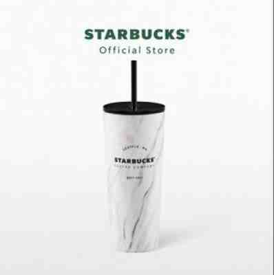 Starbucks White Marble Cold Cup 2020 Stainless Tumbler Black Lid Straw -no card