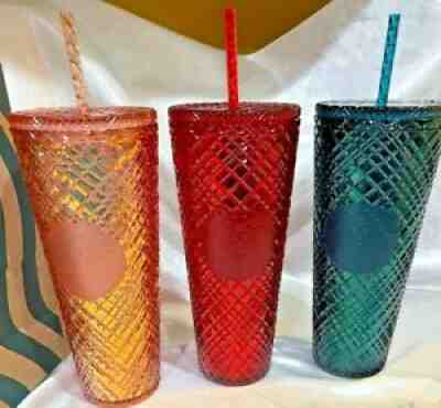 Starbucks 2021 Holiday Jeweled Cold Cups, Red, Green Gold 24oz Lot of 3 - Sold on eBay Dec 11, 2021 for $135.00