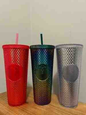 Set of Starbucks Studded Tumblers: Neon Pink, Oil Slick and Platinum Silver - Sold on eBay Dec 14, 2021 for $105.00