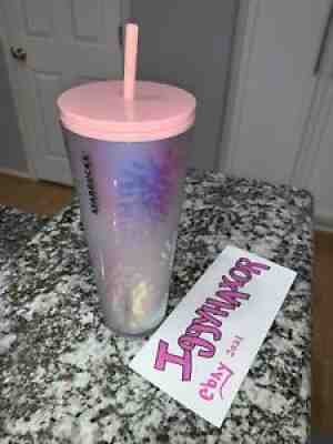 Starbucks Holographic Iridescent Palm Leaf Pinecone PINK Tumbler 24oz NEW 2019