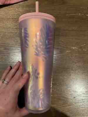 Starbucks Ltd Edt. Holographic Iridescent Palm Leaf Pine Cone PINK Tumbler 24oz - Sold on eBay Dec 30, 2021 for $236.50