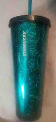 Starbucks 2017 Cold Cup 24 oz Tumbler Embossed Tin Floral Metallic Teal Rare - Sold on eBay Jan 18, 2022 for $125.00