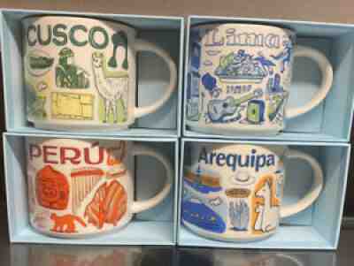 STARBUCKS Lot of 4 coffee mugs 14 Oz New In boxes PERU, CUSCO, AREQUIPA, & LIMA