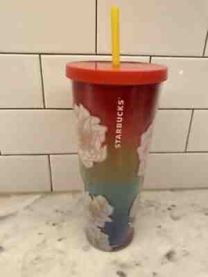 STARBUCKS HIBISCUS TUMBLER W/STRAW - 24 OZ - RARE FIND - FLORAL THEME - LARGE!! - Sold on eBay Jan 02, 2022 for $95.00