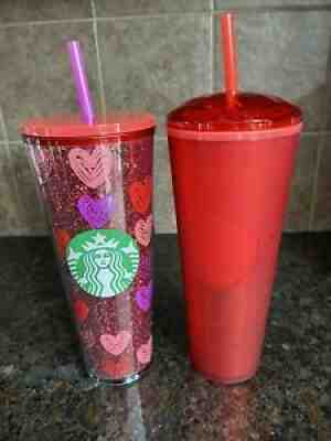 Starbucks 2022 Valentines Venti Tumbler Cold Cup 24oz Set 2 Glitter Hearts Dome - Sold on eBay Jan 07, 2022 for $84.99