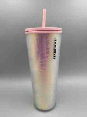 Starbucks Holographic Iridescent Palm Leaf Pinecone PINK Tumbler 24oz NEW