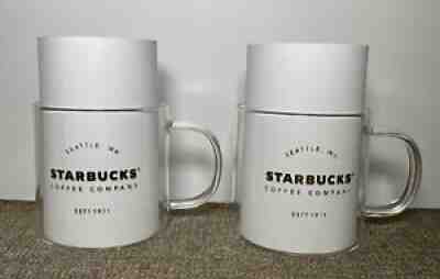 2 Starbucks Coffee Mugs Glass Gold Lettering Clear 18 Oz Seattle Cup