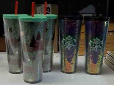 STARBUCKS Cup Tumbler Holiday Christmas Tree & Sequins Glitter Cups "Lot 0f 5" - Sold on eBay Feb 01, 2022 for $74.99