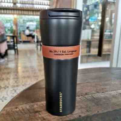 Starbucks Coffee Barista Stainless Steel Tumbler Thermos Leather Sleeve 16  oz