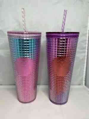Starbucks 2021 Summer Pink & Purple Grid Tumblers Cold Cups 24oz In Hand x2 - Sold on eBay Dec 02, 2021 for $64.95