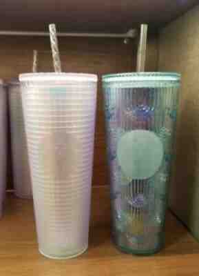 2 Starbucks 2022 Green/Turquoise Iridescent 24oz Tumbler Mermaid White Iridesc - Sold on eBay Feb 20, 2022 for $80.00