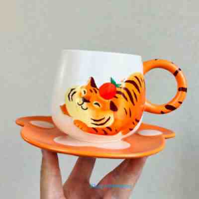 Starbucks 2022 Emboss Lovely Tiger Mug Cup Dish Combination 13oz Ceramic Orange - Sold on eBay Jan 09, 2022 for $69.99