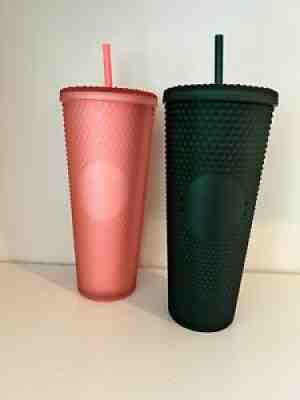 STARBUCKS 2022 SOFT STUDDED PINK LEMONADE & MATTE DARK GREEN 24oz TUMBLERS MWT - Sold on eBay Feb 20, 2022 for $67.99