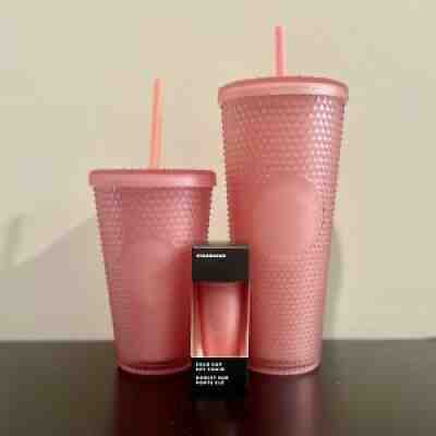 SET Starbucks 2022 Pink Studded Bling Keychain + 16oz + 24oz Tumblers Cold Cups