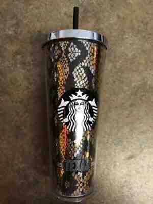 Starbucks 2014 Cold Cup Acrylic 24 oz Tumbler W Straw Black & Gold Est Texas