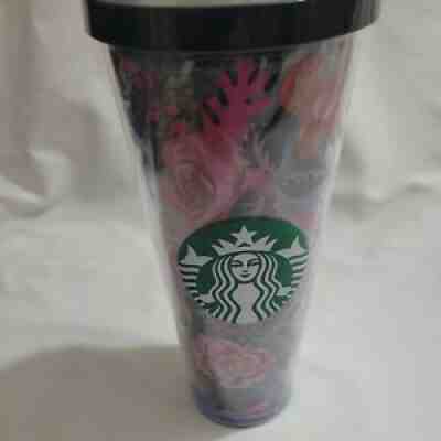 Starbucks Venti 24 oz Cold Plastic Tumbler Black Floral Bando Rare