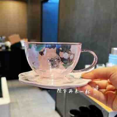 Korea Starbucks 2022 Sakura Pink Blue Glass Cup Plate Set 237ml Ceramic Saucer - Sold on eBay Apr 03, 2022 for $99.99