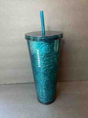 Starbucks 2017 Cold Cup 24oz Tumbler Embossed Tin Floral Metallic Foil Teal Blue - Sold on eBay Mar 15, 2022 for $94.00