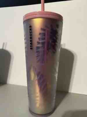 Starbucks 24oz Venti Tumbler Pink Holographic Tropical Palm Leaf Lt. Ed. SCRATCH