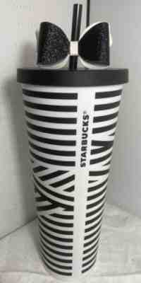 STARBUCKS TUMBLER 24 oz cup HTF Striped Zebra Black White soft touch w Bow Venti - Sold on eBay May 04, 2022 for $188.99