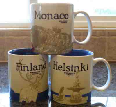 NWT Starbucks HELSINKI FINLAND & MONACO Global Icon Collector Series 3 Mugs