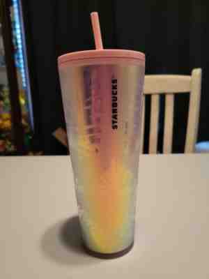 Starbucks Ltd Edt. Holographic Iridescent Palm Leaf Pine Cone PINK Tumbler 24oz