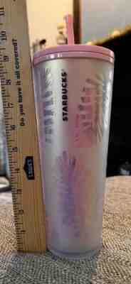 RARE Starbucks Holographic Iridescent Palm Leaf Pine Cone PINK Tumbler 24oz