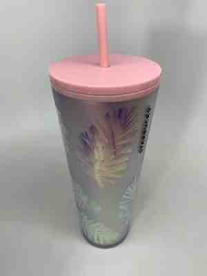 Starbucks Pink Holographic Iridescent Palm Leaf Pinecone Cold Cup Tumbler 24oz