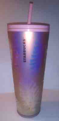 Starbucks Pink Holographic Iridescent Palm Leaf Pinecone Cold Cup Tumbler 24oz