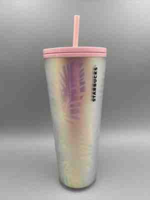 Super Rare 2022 Starbucks Holographic Iridescent Palm Leaf Pinecone PINK Tumbler