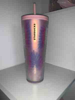 Starbucks Ltd Edt. Holographic Iridescent Palm Leaf Pine Cone PINK Tumbler 24oz