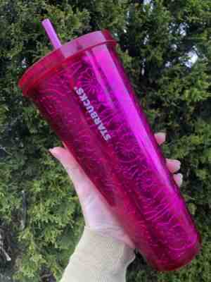 Starbucks 2017 Pink Magenta Floral Embossed Tin Foil Metallic 24oz Venti Tumbler